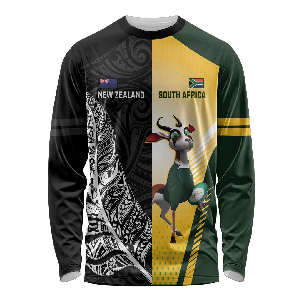 New Zealand and South Africa Rugby Custom Long Sleeve Shirt Maori Silver Fern Springbok Together LT14 Unisex Black - Polynesian Pride
