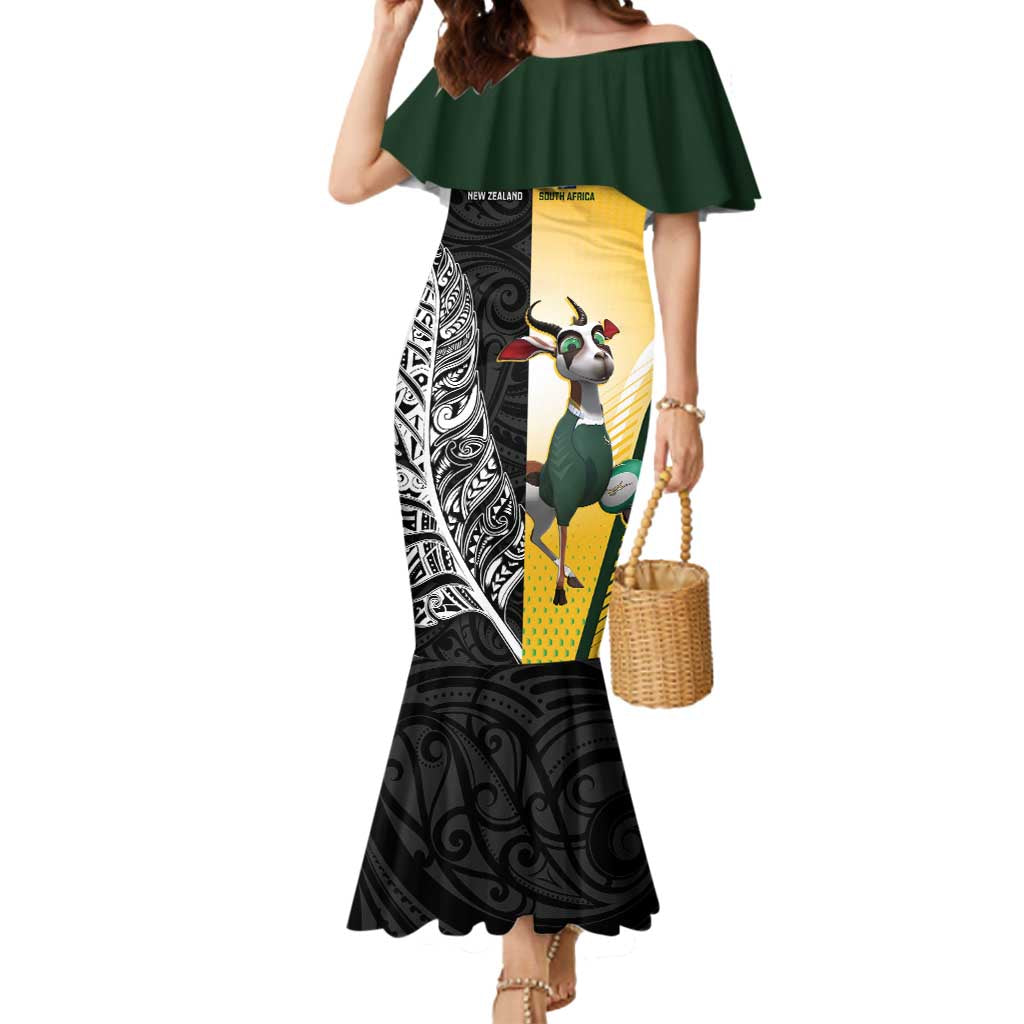 New Zealand and South Africa Rugby Custom Mermaid Dress Maori Silver Fern Springbok Together LT14 Women Black - Polynesian Pride