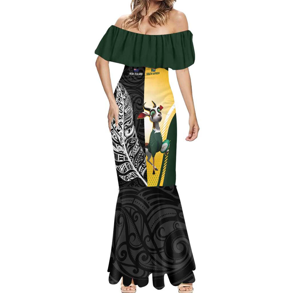 New Zealand and South Africa Rugby Custom Mermaid Dress Maori Silver Fern Springbok Together LT14 - Polynesian Pride
