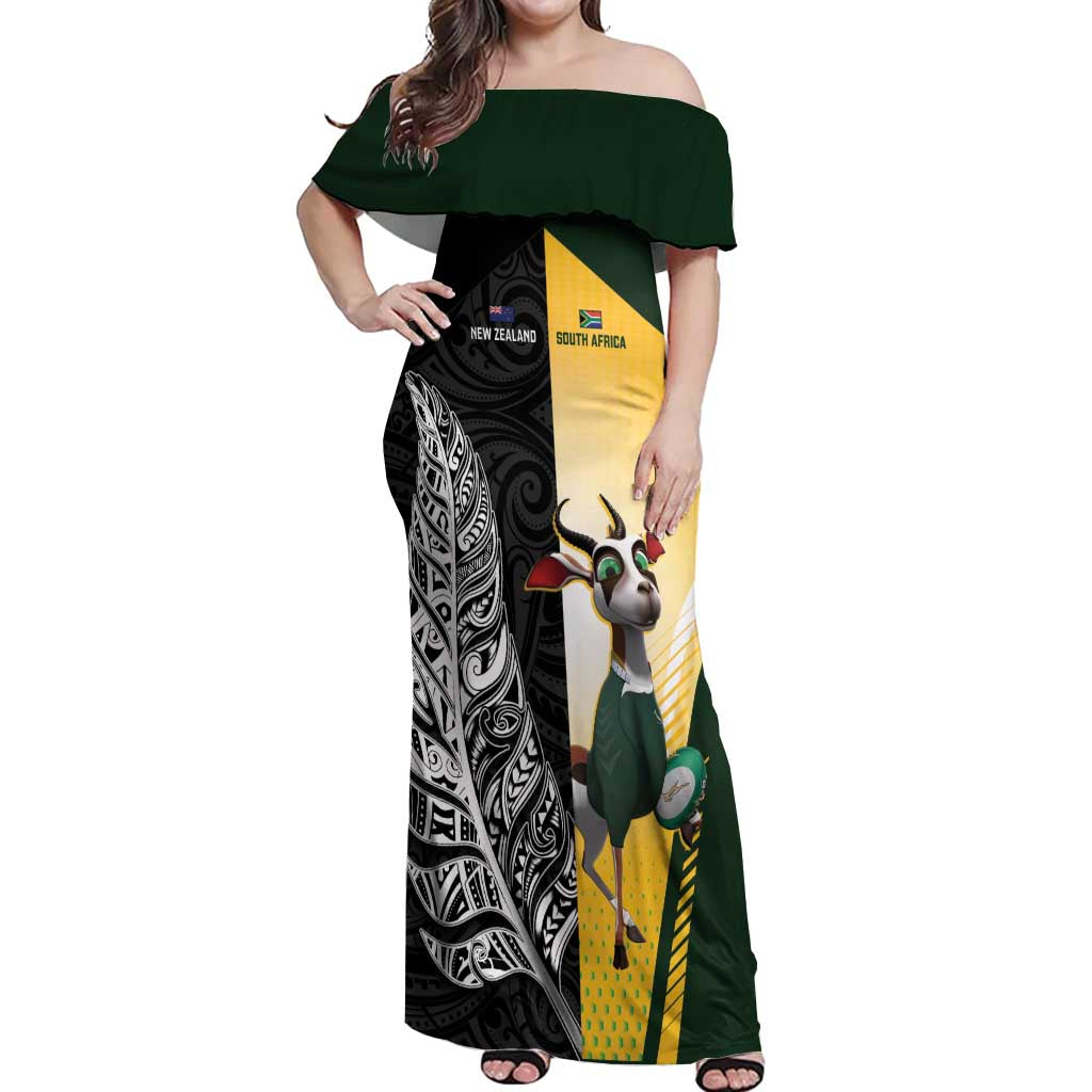 New Zealand and South Africa Rugby Custom Off Shoulder Maxi Dress Maori Silver Fern Springbok Together LT14 Women Black - Polynesian Pride