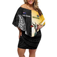 New Zealand and South Africa Rugby Custom Off Shoulder Short Dress Maori Silver Fern Springbok Together LT14 Women Black - Polynesian Pride