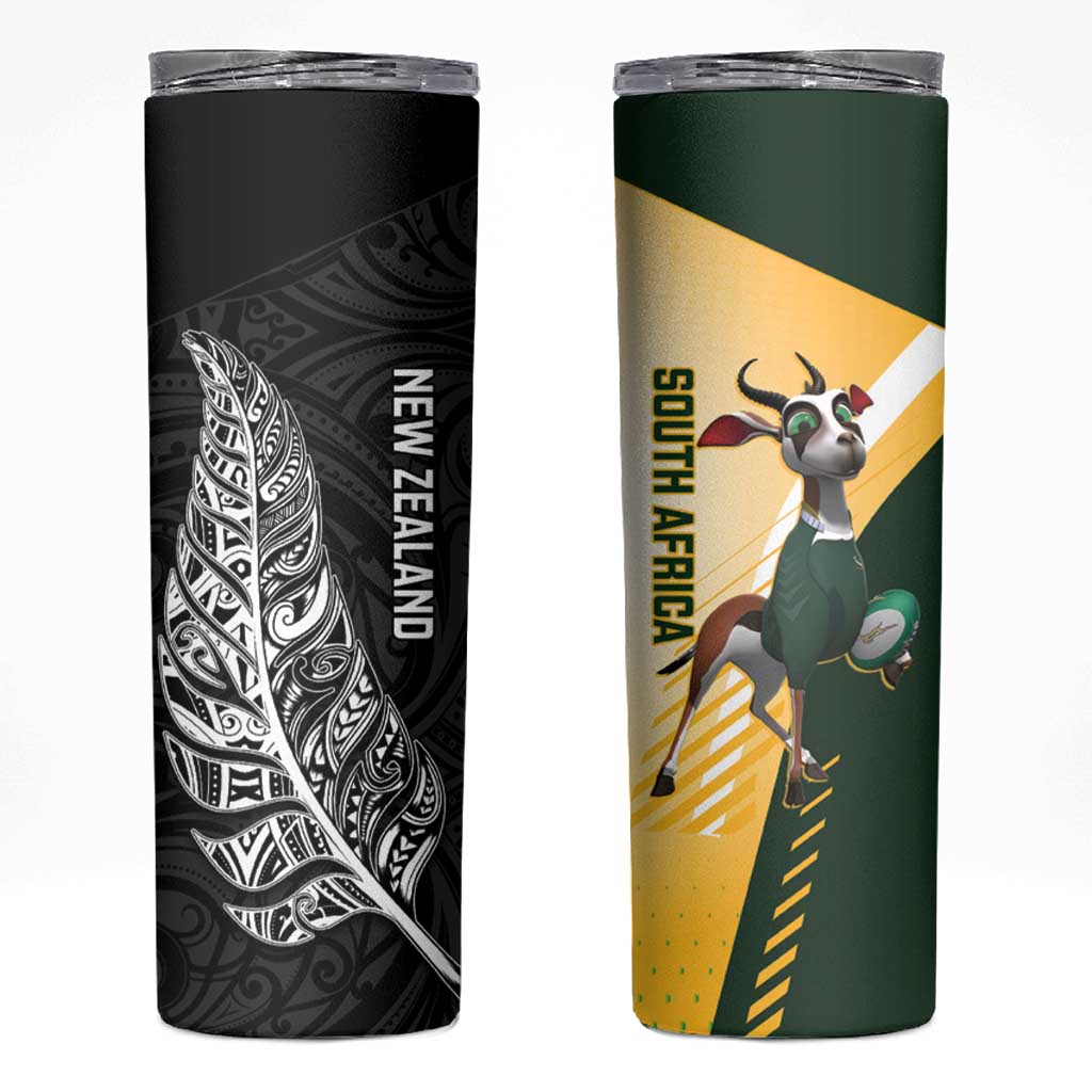 New Zealand and South Africa Rugby Skinny Tumbler Maori Silver Fern Springbok Together LT14 Black - Polynesian Pride