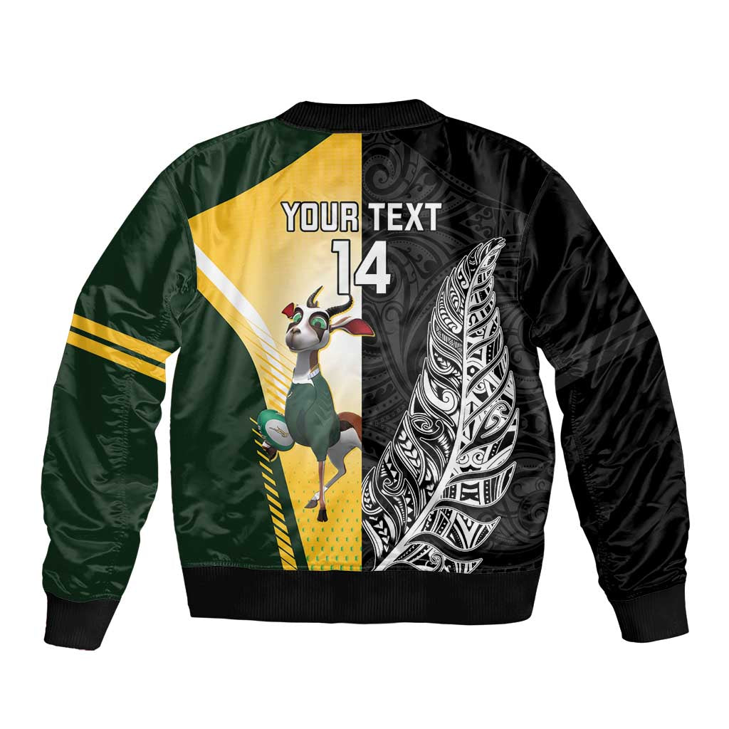 New Zealand and South Africa Rugby Custom Sleeve Zip Bomber Jacket Maori Silver Fern Springbok Together - Polynesian Pride