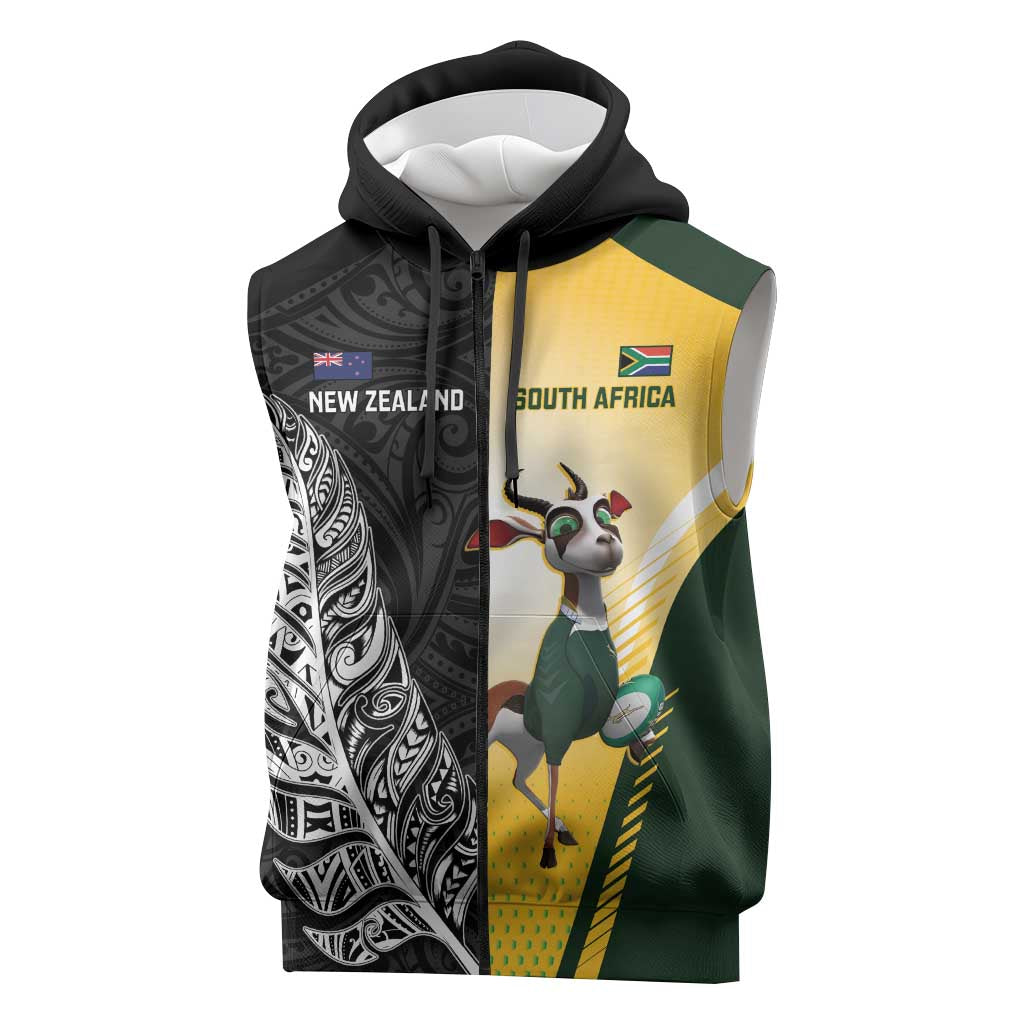 New Zealand and South Africa Rugby Custom Sleeveless Zip Hoodie Maori Silver Fern Springbok Together LT14 Black - Polynesian Pride