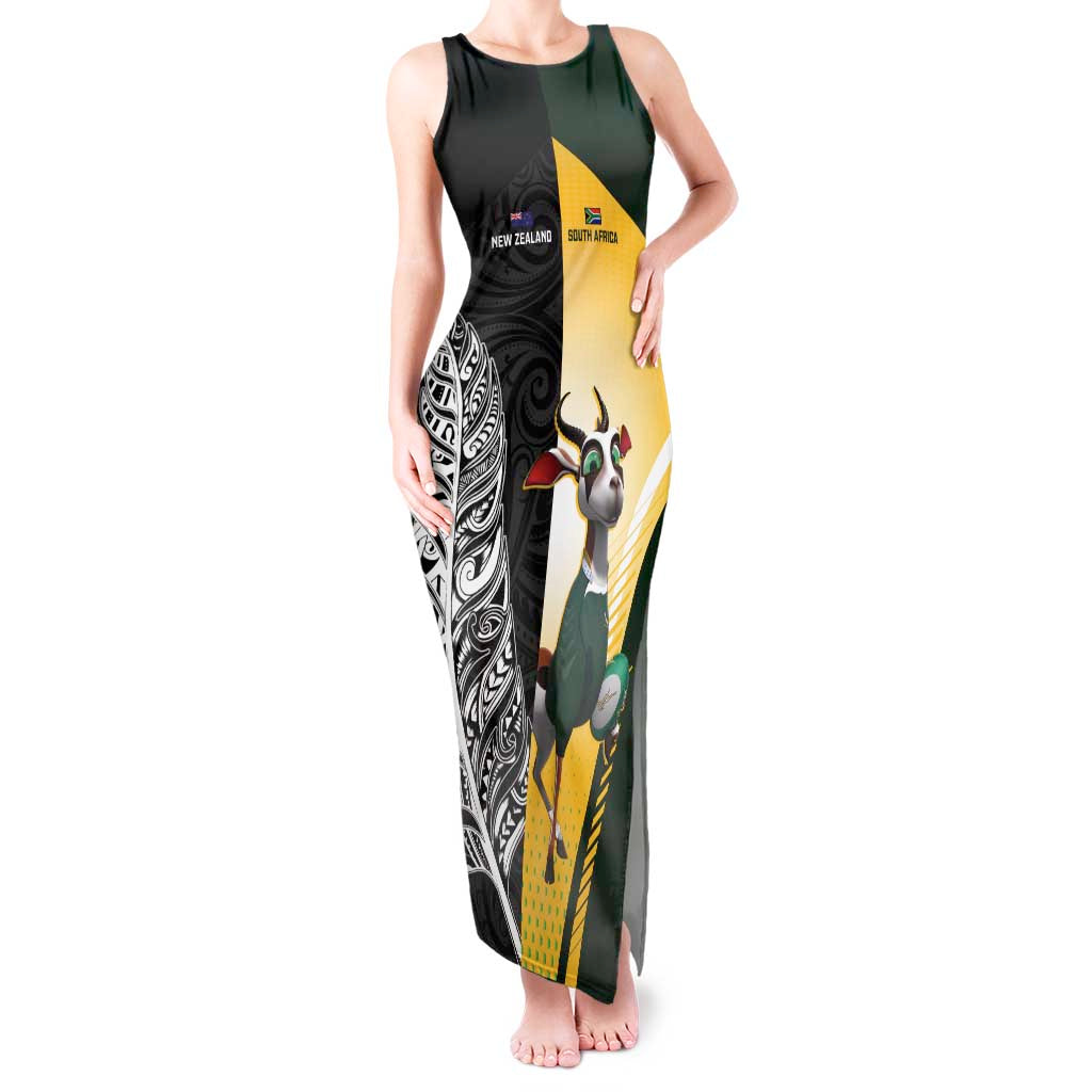 New Zealand and South Africa Rugby Custom Tank Maxi Dress Maori Silver Fern Springbok Together LT14 Women Black - Polynesian Pride