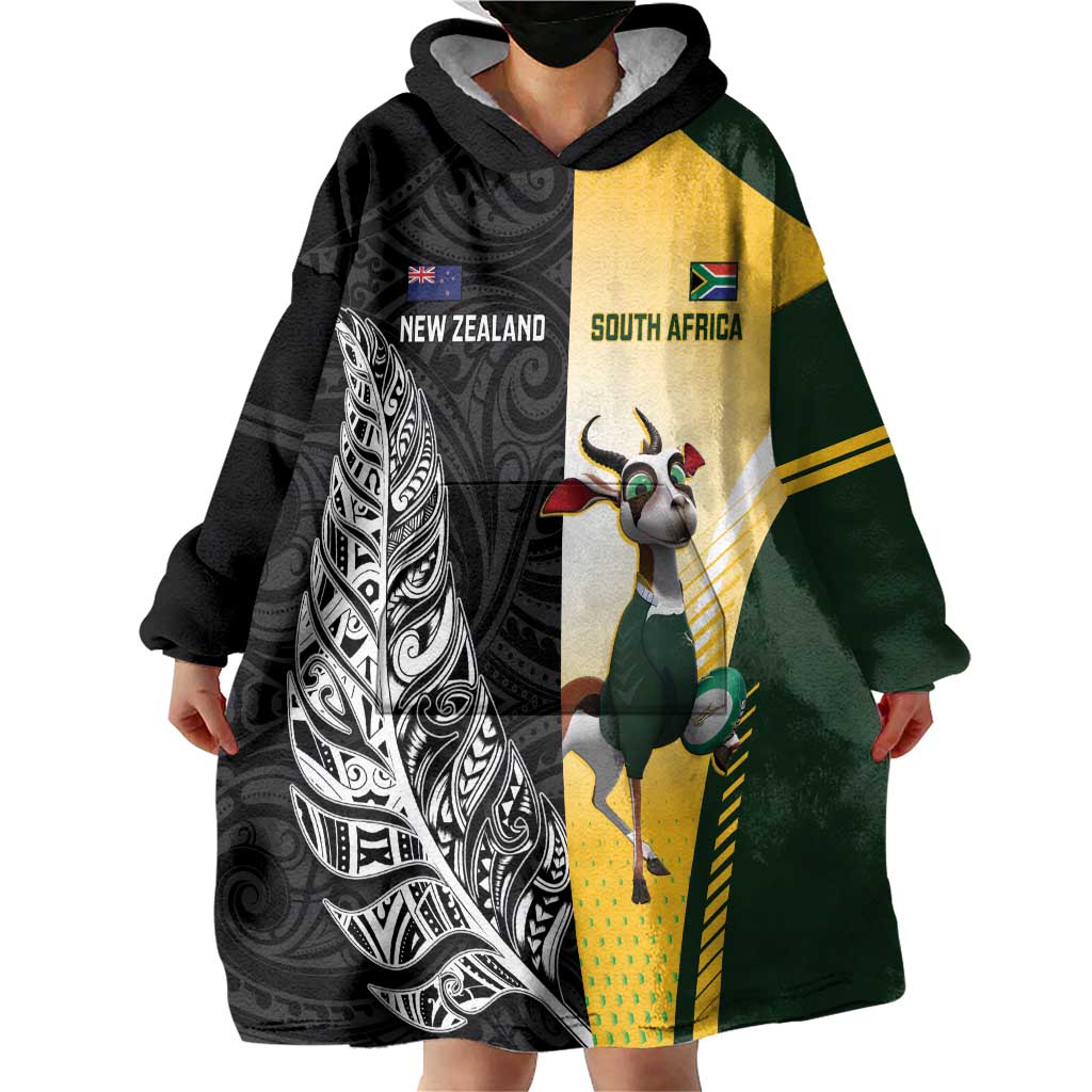 New Zealand and South Africa Rugby Custom Wearable Blanket Hoodie Maori Silver Fern Springbok Together LT14 - Polynesian Pride