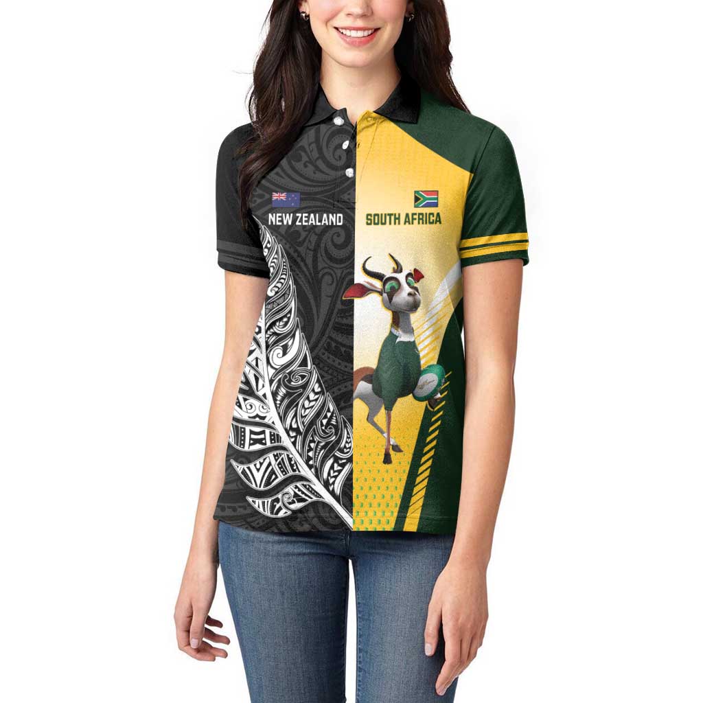 New Zealand and South Africa Rugby Custom Women Polo Shirt Maori Silver Fern Springbok Together LT14 - Polynesian Pride