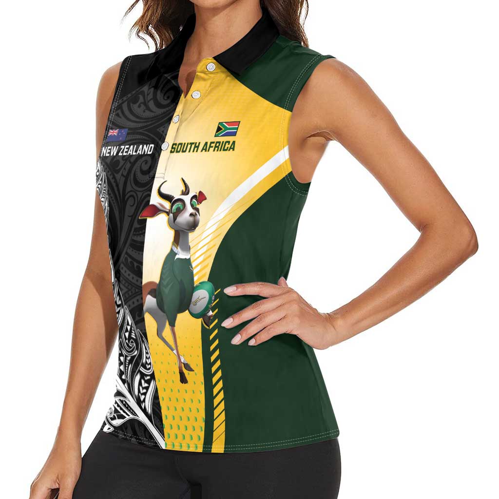 New Zealand and South Africa Rugby Custom Women Sleeveless Polo Shirt Maori Silver Fern Springbok Together LT14 - Polynesian Pride