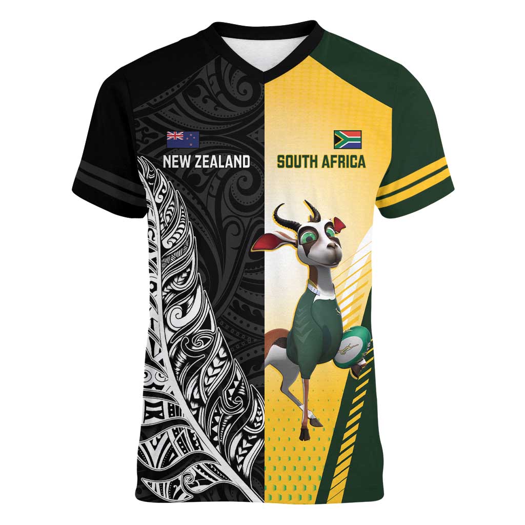 New Zealand and South Africa Rugby Custom Women V-Neck T-Shirt Maori Silver Fern Springbok Together - Polynesian Pride