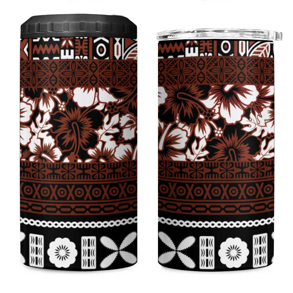 Bula Fiji 4 in 1 Can Cooler Tumbler Fijian Tapa Masi With Hibiscus Flowers LT14 One Size: 16 oz Brown - Polynesian Pride