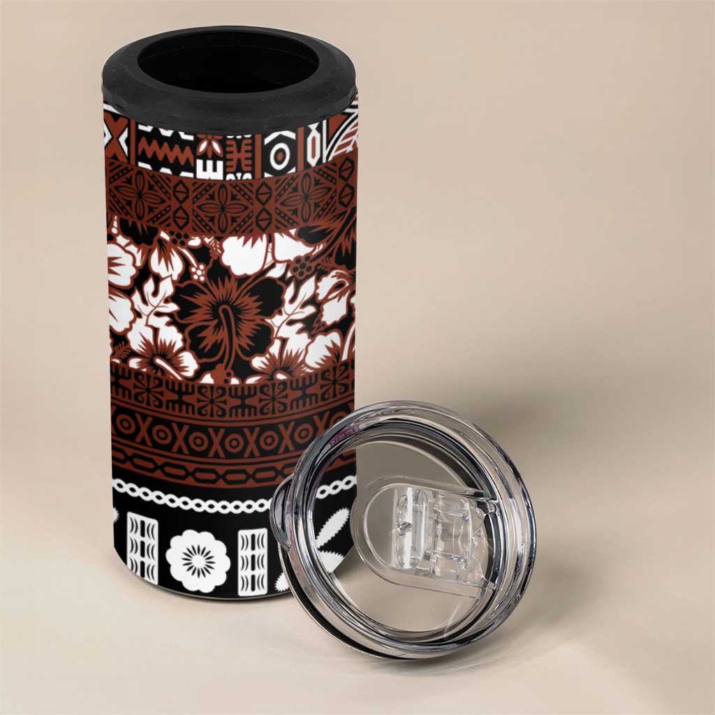 Bula Fiji 4 in 1 Can Cooler Tumbler Fijian Tapa Masi With Hibiscus Flowers LT14 - Polynesian Pride