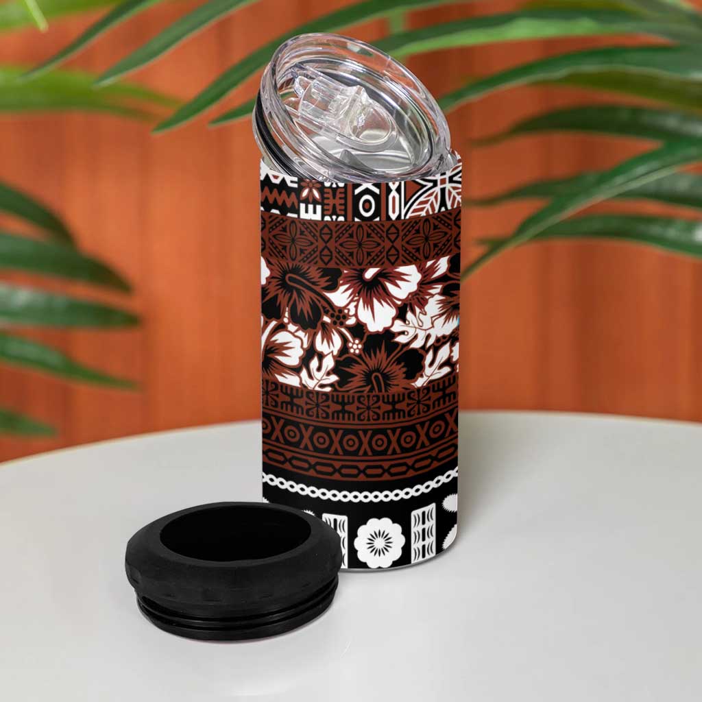 Bula Fiji 4 in 1 Can Cooler Tumbler Fijian Tapa Masi With Hibiscus Flowers LT14 - Polynesian Pride