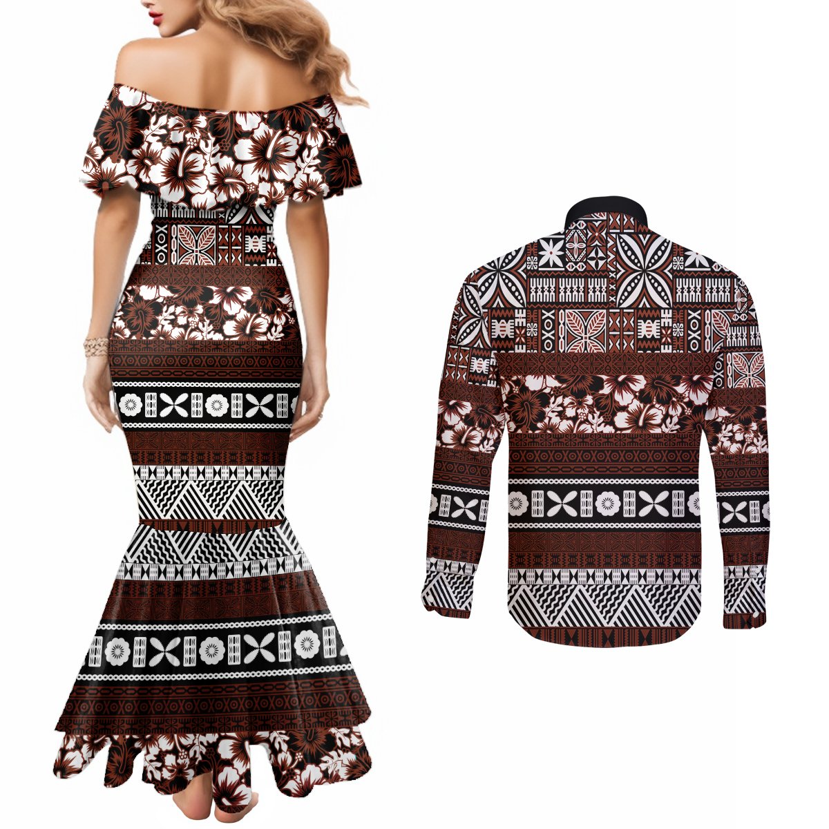 Bula Fiji Couples Matching Mermaid Dress and Long Sleeve Button Shirt Fijian Tapa Masi With Hibiscus Flowers LT14 - Polynesian Pride
