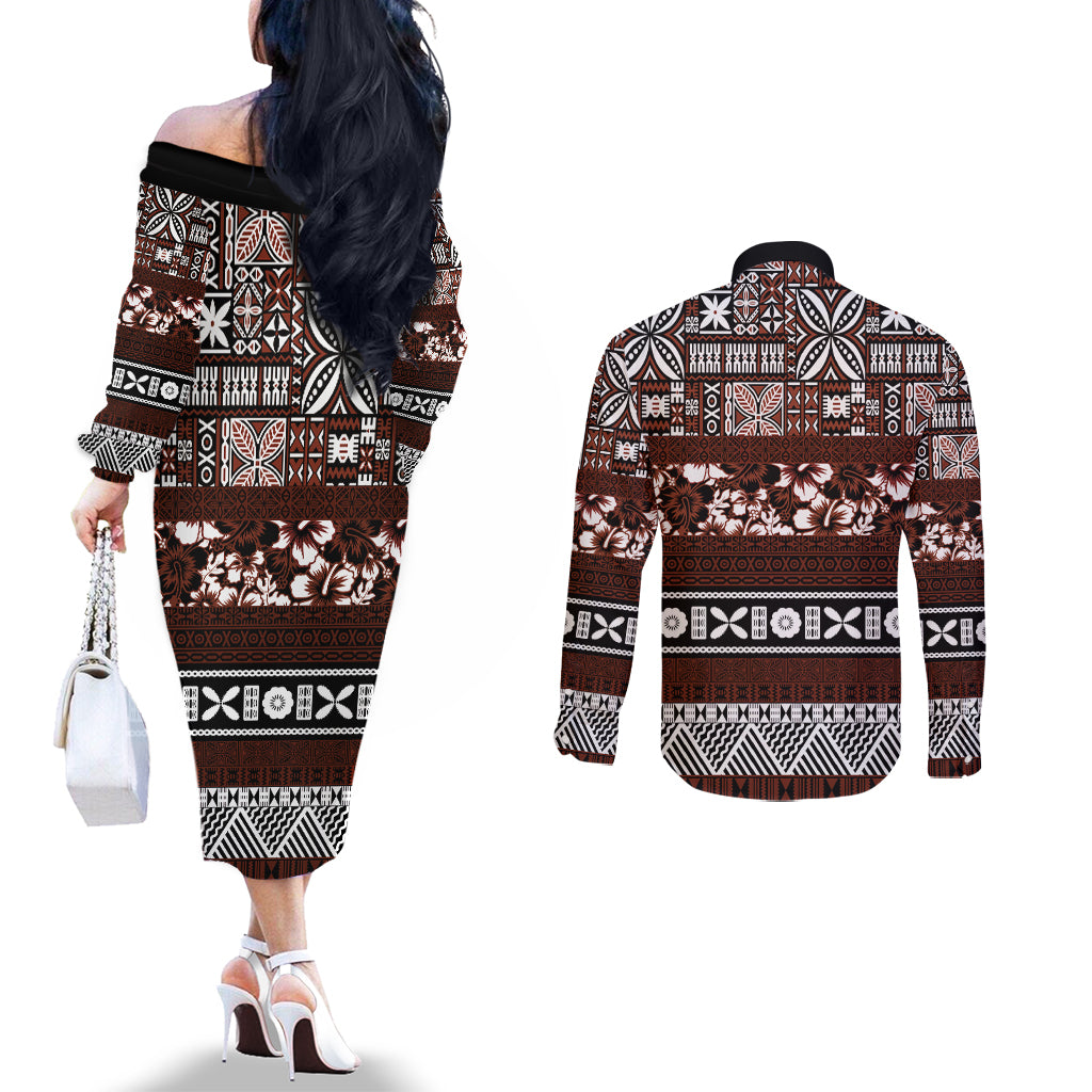 Bula Fiji Couples Matching Off The Shoulder Long Sleeve Dress and Long Sleeve Button Shirt Fijian Tapa Masi With Hibiscus Flowers LT14 - Polynesian Pride