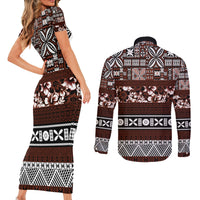 Bula Fiji Couples Matching Short Sleeve Bodycon Dress and Long Sleeve Button Shirt Fijian Tapa Masi With Hibiscus Flowers LT14 - Polynesian Pride