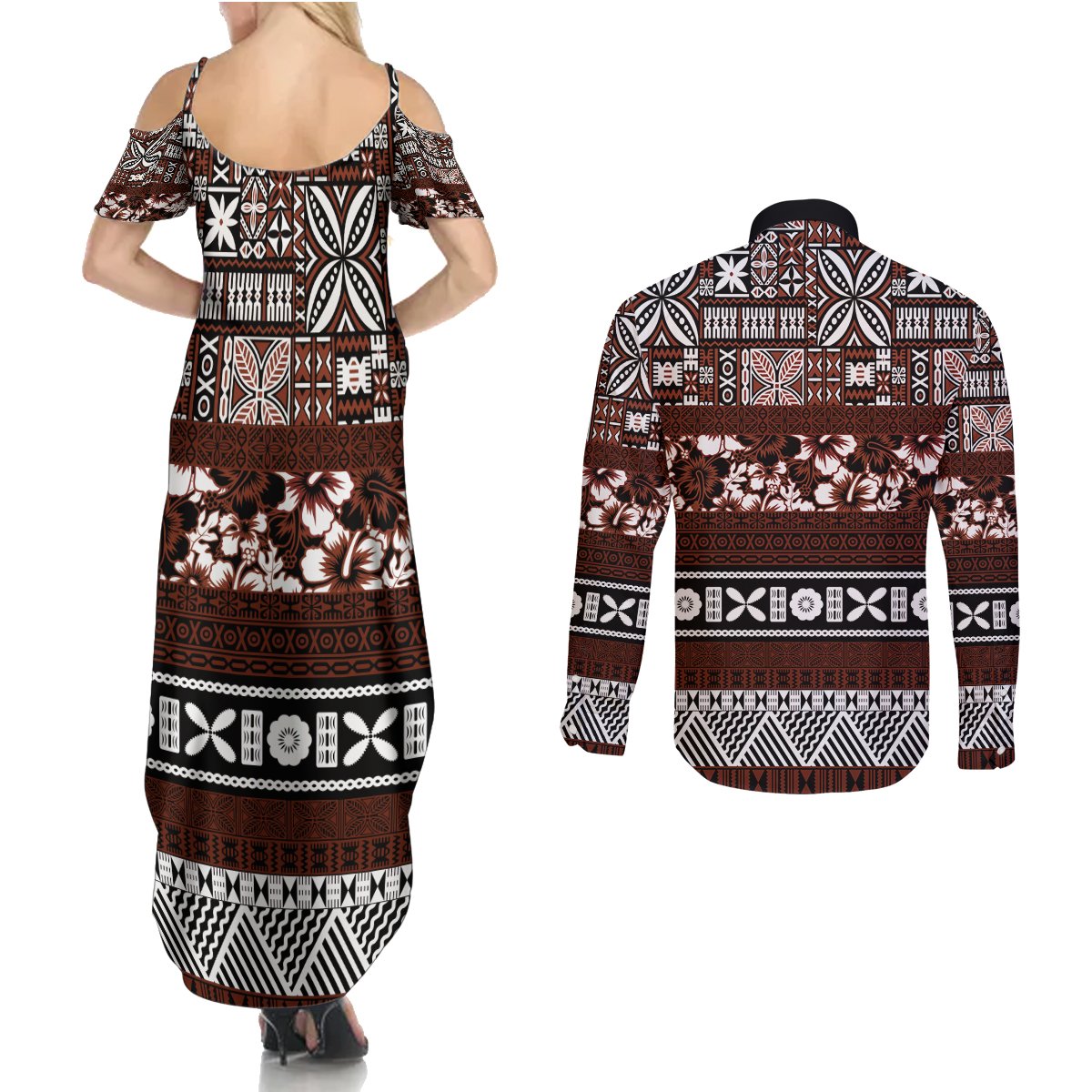 Bula Fiji Couples Matching Summer Maxi Dress and Long Sleeve Button Shirt Fijian Tapa Masi With Hibiscus Flowers LT14 - Polynesian Pride