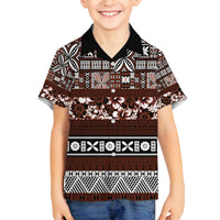 Bula Fiji Family Matching Off Shoulder Long Sleeve Dress and Hawaiian Shirt Fijian Tapa Masi With Hibiscus Flowers LT14 Son's Shirt Brown - Polynesian Pride