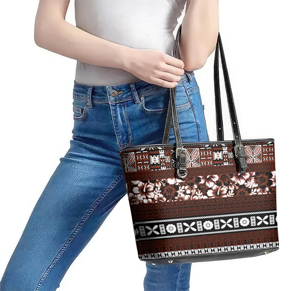 Bula Fiji Leather Tote Bag Fijian Tapa Masi With Hibiscus Flowers LT14 - Polynesian Pride