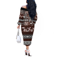 Bula Fiji Off The Shoulder Long Sleeve Dress Fijian Tapa Masi With Hibiscus Flowers LT14 - Polynesian Pride