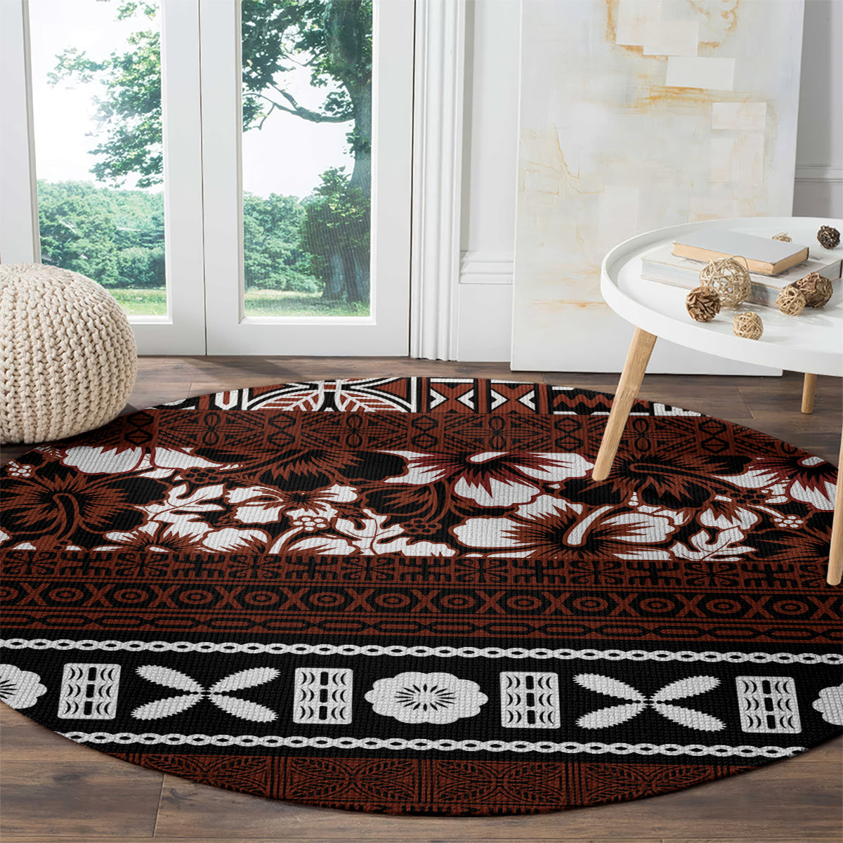 Bula Fiji Round Carpet Fijian Tapa Masi With Hibiscus Flowers LT14 - Polynesian Pride