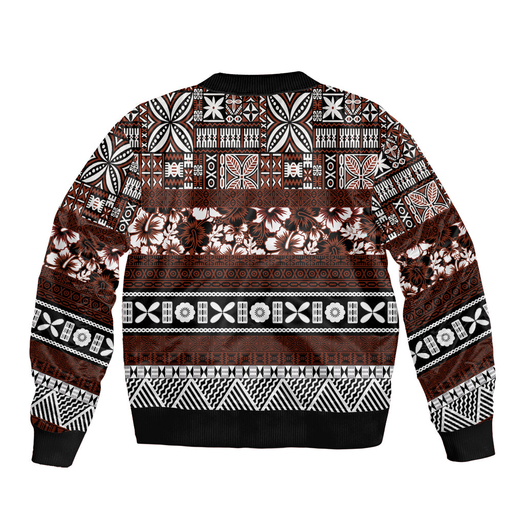 Bula Fiji Sleeve Zip Bomber Jacket Fijian Tapa Masi With Hibiscus Flowers LT14 - Polynesian Pride