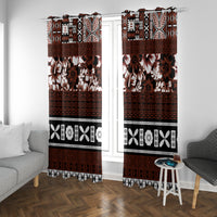 Bula Fiji Window Curtain Fijian Tapa Masi With Hibiscus Flowers LT14 With Grommets Brown - Polynesian Pride