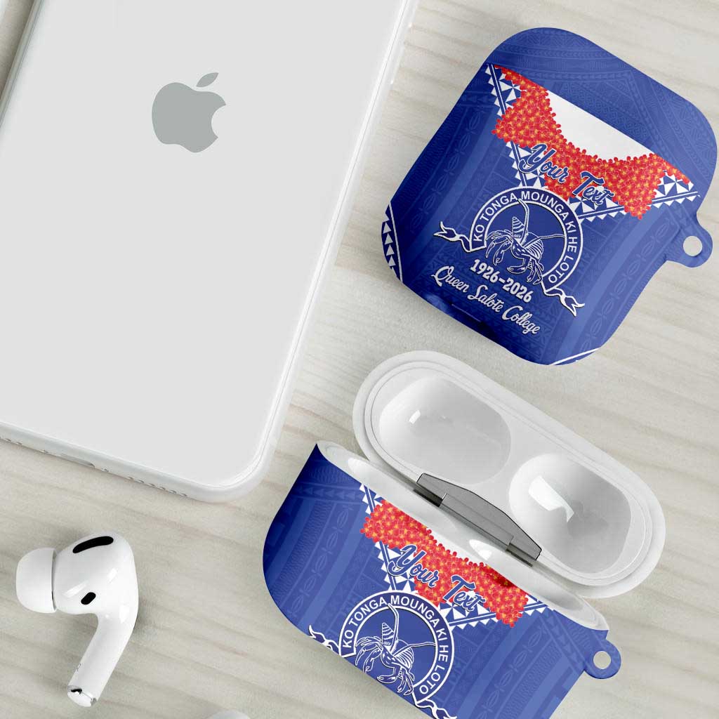 Queen Salote College 100 Years Personalized AirPods Case Tonga QSC Heilala Lei Blue Ngatu Pattern