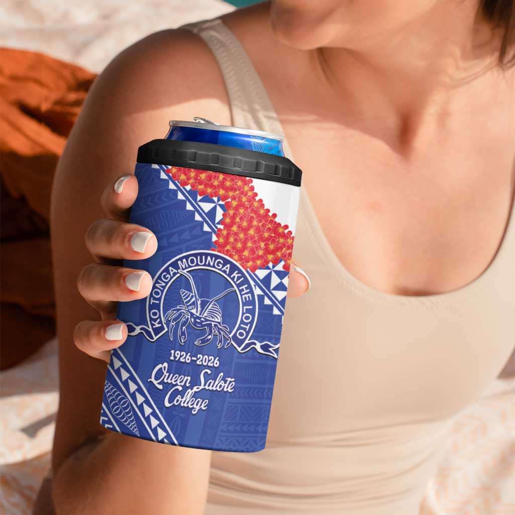 Queen Salote College 100 Years Personalized 4 in 1 Can Cooler Tumbler Tonga QSC Heilala Lei Blue Ngatu Pattern
