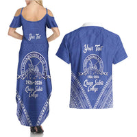 Queen Salote College 100 Years Personalized Couples Matching Summer Maxi Dress and Hawaiian Shirt Tonga QSC Heilala Lei Blue Ngatu Pattern