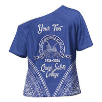 Queen Salote College 100 Years Personalized Cross Shoulder Shirt Tonga QSC Heilala Lei Blue Ngatu Pattern