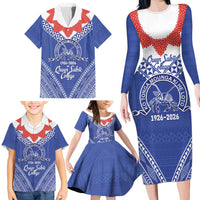Queen Salote College 100 Years Personalized Family Matching Long Sleeve Bodycon Dress and Hawaiian Shirt Tonga QSC Heilala Lei Blue Ngatu Pattern LT14 - Polynesian Pride