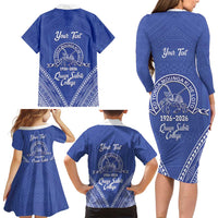 Queen Salote College 100 Years Personalized Family Matching Long Sleeve Bodycon Dress and Hawaiian Shirt Tonga QSC Heilala Lei Blue Ngatu Pattern LT14 - Polynesian Pride