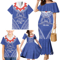 Queen Salote College 100 Years Personalized Family Matching Mermaid Dress and Hawaiian Shirt Tonga QSC Heilala Lei Blue Ngatu Pattern LT14 - Polynesian Pride