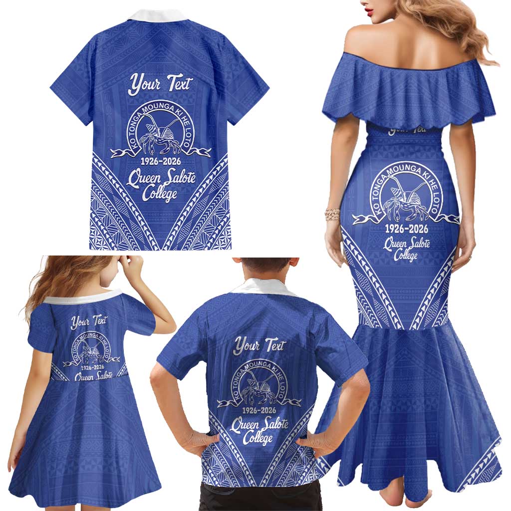 Queen Salote College 100 Years Personalized Family Matching Mermaid Dress and Hawaiian Shirt Tonga QSC Heilala Lei Blue Ngatu Pattern LT14 - Polynesian Pride
