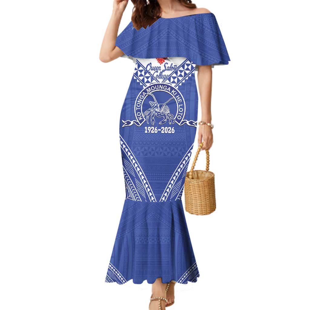 Queen Salote College 100 Years Personalized Family Matching Mermaid Dress and Hawaiian Shirt Tonga QSC Heilala Lei Blue Ngatu Pattern LT14 Mom's Dress Blue - Polynesian Pride