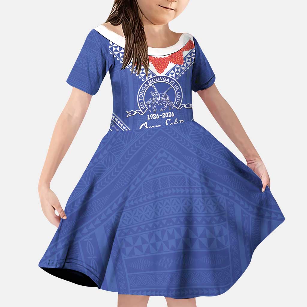 Queen Salote College 100 Years Personalized Family Matching Off The Shoulder Long Sleeve Dress and Hawaiian Shirt Tonga QSC Heilala Lei Blue Ngatu Pattern LT14 Daughter's Dress Blue - Polynesian Pride