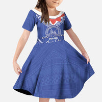Queen Salote College 100 Years Personalized Family Matching Off The Shoulder Long Sleeve Dress and Hawaiian Shirt Tonga QSC Heilala Lei Blue Ngatu Pattern LT14 Daughter's Dress Blue - Polynesian Pride