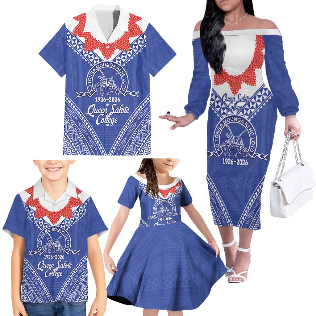 Queen Salote College 100 Years Personalized Family Matching Off The Shoulder Long Sleeve Dress and Hawaiian Shirt Tonga QSC Heilala Lei Blue Ngatu Pattern LT14 - Polynesian Pride