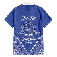 Queen Salote College 100 Years Personalized Family Matching Off The Shoulder Long Sleeve Dress and Hawaiian Shirt Tonga QSC Heilala Lei Blue Ngatu Pattern LT14 - Polynesian Pride
