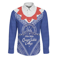 Queen Salote College 100 Years Personalized Family Matching Off The Shoulder Long Sleeve Dress and Hawaiian Shirt Tonga QSC Heilala Lei Blue Ngatu Pattern LT14 Dad's Shirt - Long Sleeve Blue - Polynesian Pride