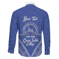 Queen Salote College 100 Years Personalized Family Matching Off The Shoulder Long Sleeve Dress and Hawaiian Shirt Tonga QSC Heilala Lei Blue Ngatu Pattern LT14 - Polynesian Pride