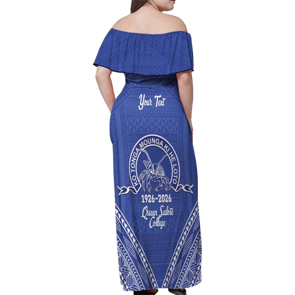 Queen Salote College 100 Years Personalized Family Matching Off Shoulder Maxi Dress and Hawaiian Shirt Tonga QSC Heilala Lei Blue Ngatu Pattern