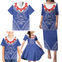 Queen Salote College 100 Years Personalized Family Matching Puletasi and Hawaiian Shirt Tonga QSC Heilala Lei Blue Ngatu Pattern
