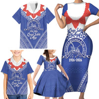 Queen Salote College 100 Years Personalized Family Matching Short Sleeve Bodycon Dress and Hawaiian Shirt Tonga QSC Heilala Lei Blue Ngatu Pattern LT14 - Polynesian Pride