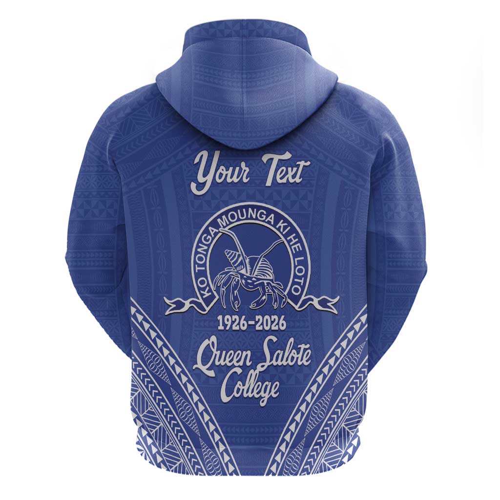 Queen Salote College 100 Years Personalized Hoodie Tonga QSC Heilala Lei Blue Ngatu Pattern