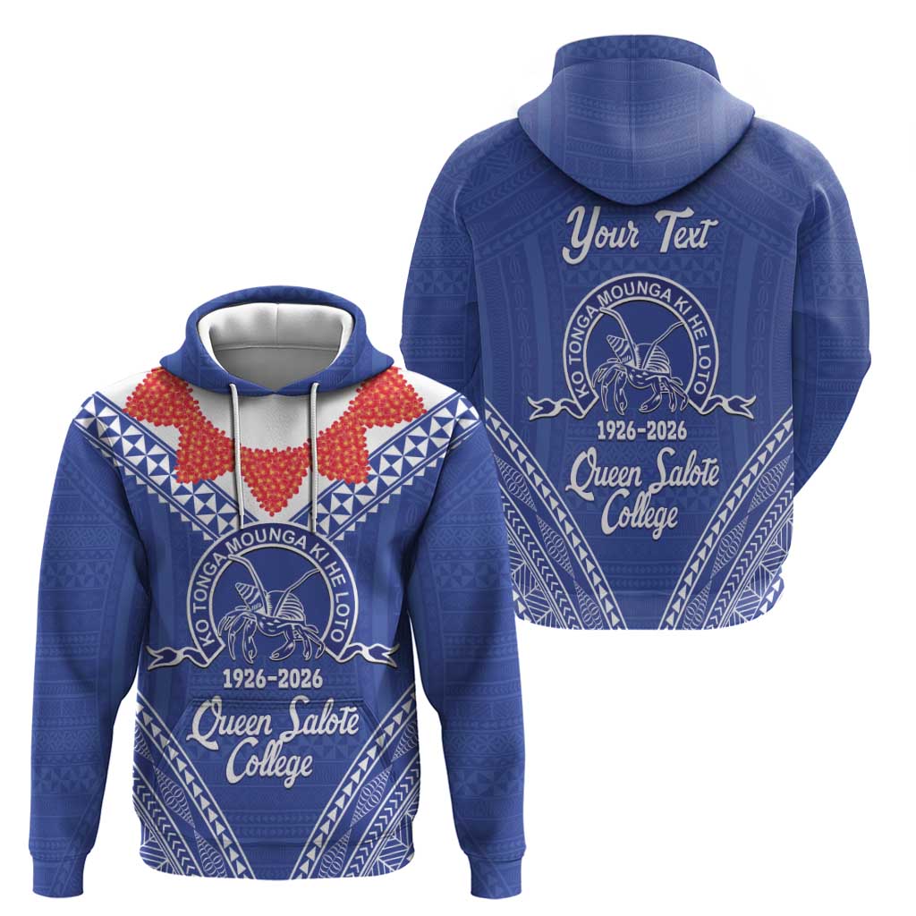 Queen Salote College 100 Years Personalized Hoodie Tonga QSC Heilala Lei Blue Ngatu Pattern