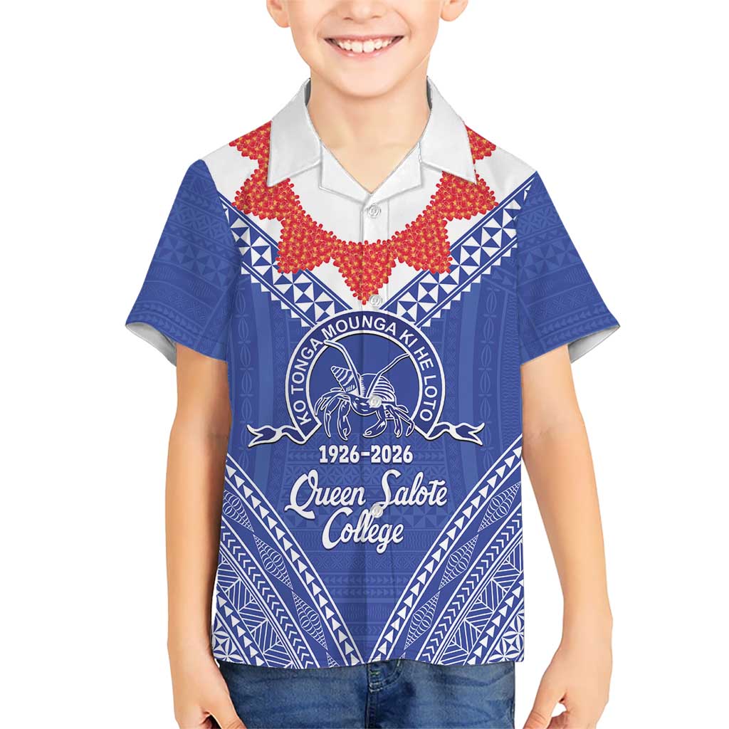 Queen Salote College 100 Years Personalized Kid Hawaiian Shirt Tonga QSC Heilala Lei Blue Ngatu Pattern