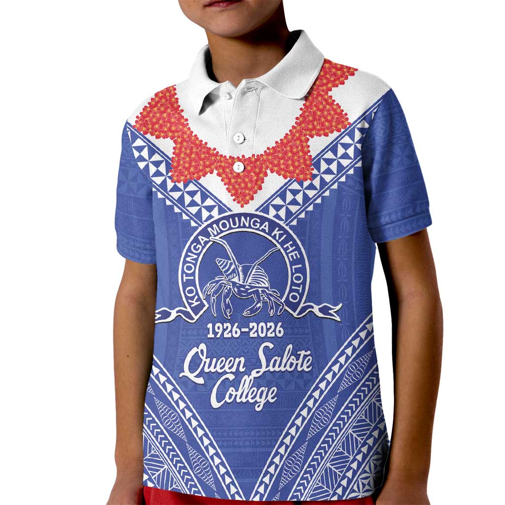 Queen Salote College 100 Years Personalized Kid Polo Shirt Tonga QSC Heilala Lei Blue Ngatu Pattern