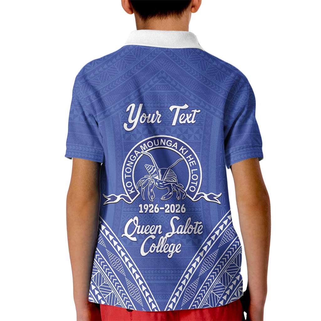Queen Salote College 100 Years Personalized Kid Polo Shirt Tonga QSC Heilala Lei Blue Ngatu Pattern