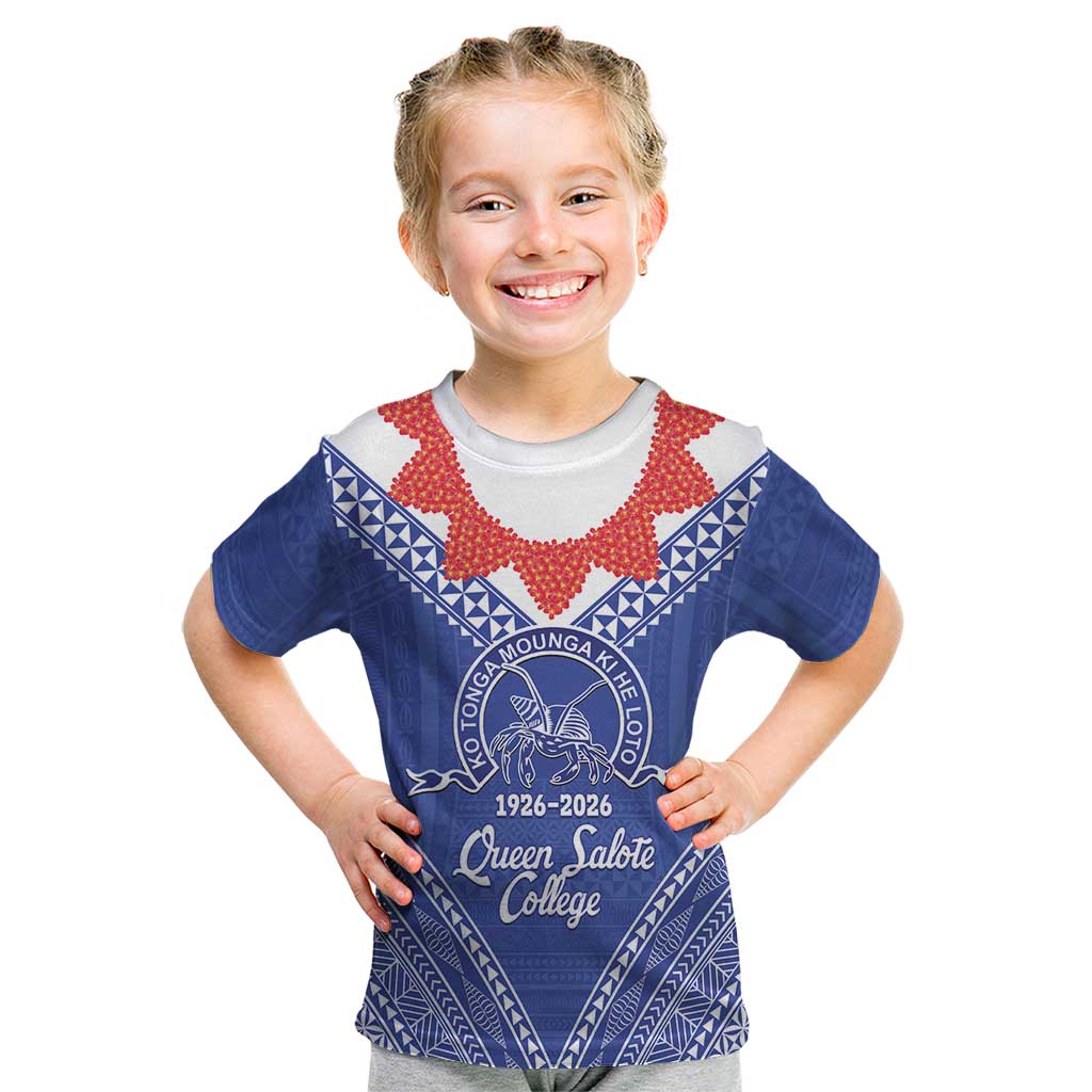Queen Salote College 100 Years Personalized Kid T Shirt Tonga QSC Heilala Lei Blue Ngatu Pattern